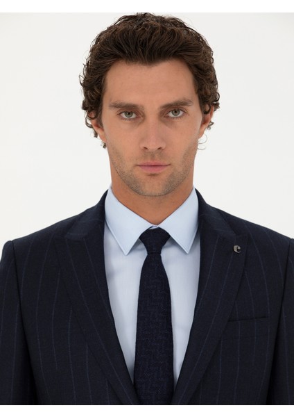 Erkek Lacivert Slim Fit %100 Yün Çizgili Kırlangıç Yaka Takım Elbise 50276505-VR033