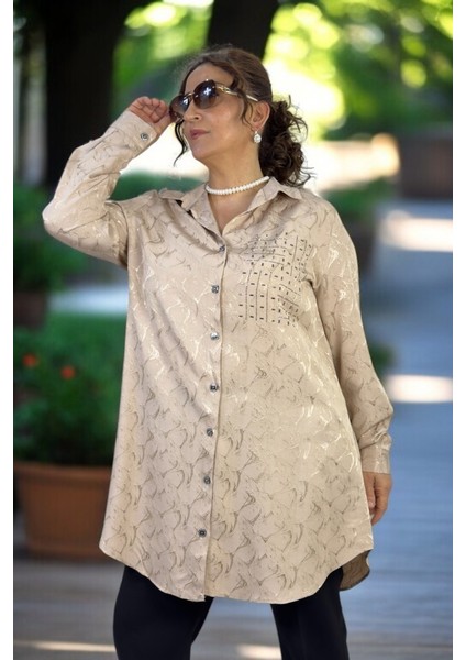 Taş Işlemeli Inci Önden Düğmeli Uzun Kol Battal Büyük Beden Jakarlı Saten Gömlek Tunik fırsatları