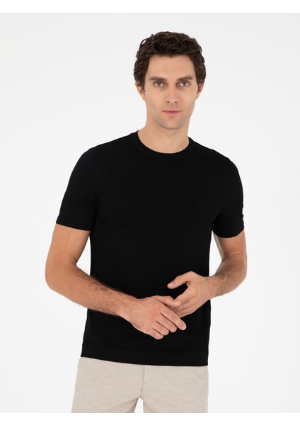 Erkek Siyah Slim Fit Bisiklet Yaka Triko T-Shirt 50293169-VR046