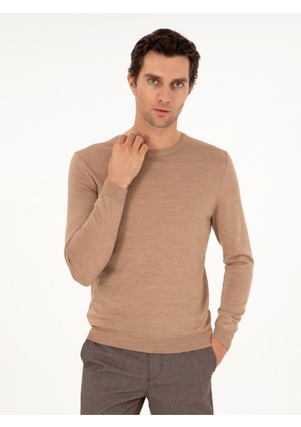 Erkek Camel Slim Fit Bisiklet Yaka Yün Karışımlı Basic Triko Kazak 50293301-VR015