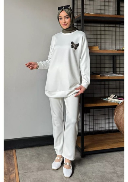 Büyük Beden Kelebek Taşlı Tesettür Tunik Pantolon Ikili Takım P-00016526