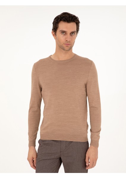Erkek Camel Slim Fit Bisiklet Yaka Yün Karışımlı Basic Triko Kazak 50293301-VR015