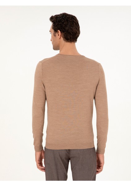 Erkek Camel Slim Fit Bisiklet Yaka Yün Karışımlı Basic Triko Kazak 50293301-VR015