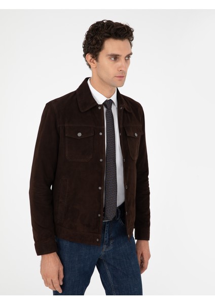 Erkek Koyu Kahverengi Süet Deri Ceket 50296132-VR084