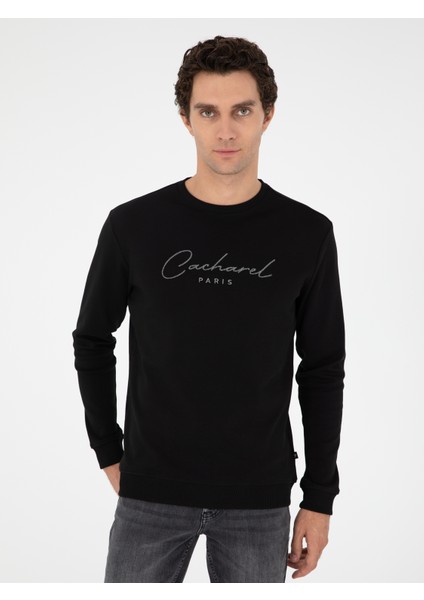 Erkek Siyah Regular Fit Bisiklet Yaka Pamuklu Sweatshirt 50296883-VR046
