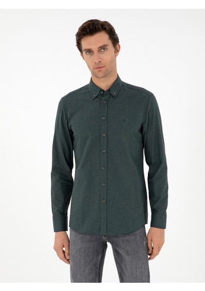 Erkek Koyu Yeşil Slim Fit Uzun Kollu Gömlek 50291698-VR079