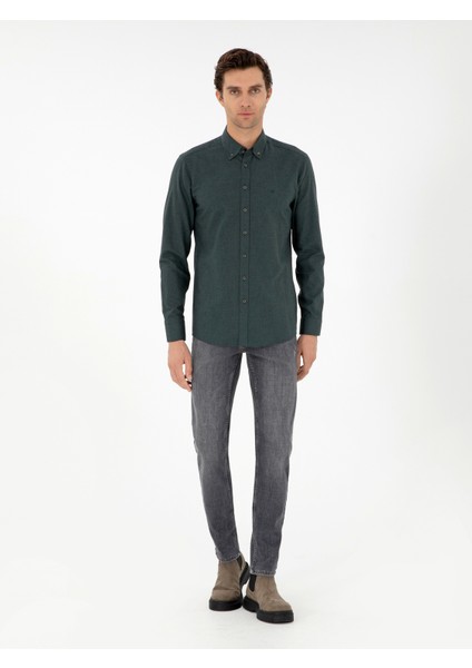 Erkek Koyu Yeşil Slim Fit Uzun Kollu Gömlek 50291698-VR079 fırsatları