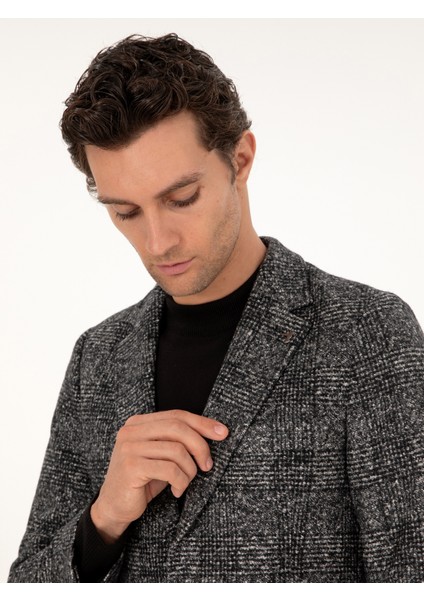 Erkek Siyah Slim Fit Yün Ipek Karışımlı Flanel Ceket 50290523-VR046