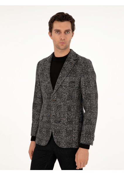 Erkek Siyah Slim Fit Yün Ipek Karışımlı Flanel Ceket 50290523-VR046