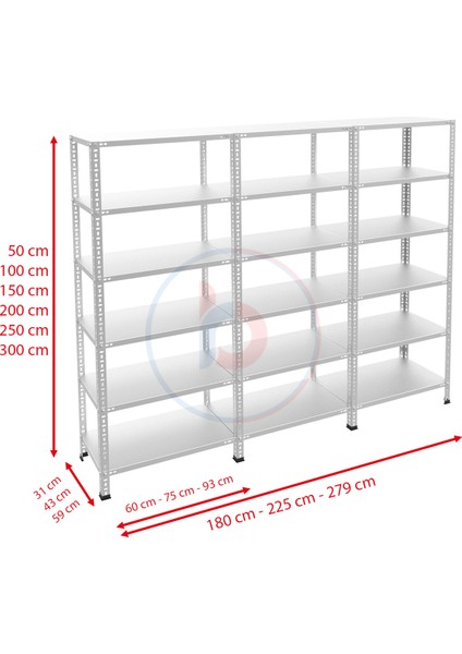 6 Katlı 3'lü Galvaniz Çelik Raf - Depo, Arşiv, Kiler, Dosya, Market Rafı - 31x60 cm-200 cm-0.70 mm