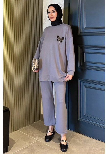 Büyük Beden Kelebek Taşlı Tesettür Tunik Pantolon Ikili Takım P-00016526