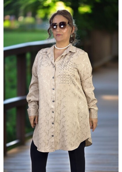 Taş Işlemeli Inci Önden Düğmeli Uzun Kol Battal Büyük Beden Jakarlı Saten Gömlek Tunik