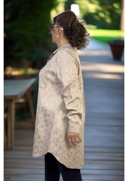 Taş Işlemeli Inci Önden Düğmeli Uzun Kol Battal Büyük Beden Jakarlı Saten Gömlek Tunik fiyatları