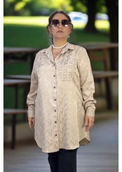 Taş Işlemeli Inci Önden Düğmeli Uzun Kol Battal Büyük Beden Jakarlı Saten Gömlek Tunik modelleri