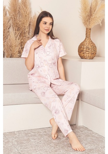 Dreamy Likralı Pamuklu Kısa Kollu Kalpli Düğmeli Gömlek Pijama Takımı