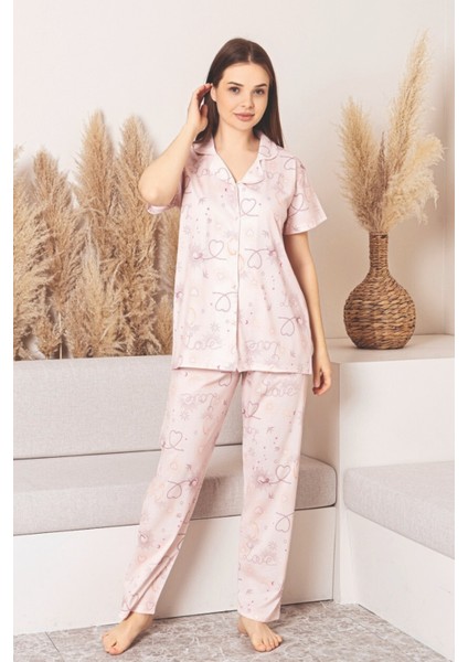 Dreamy Likralı Pamuklu Kısa Kollu Kalpli Düğmeli Gömlek Pijama Takımı