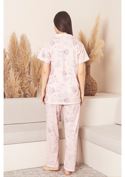 Dreamy Likralı Pamuklu Kısa Kollu Kalpli Düğmeli Gömlek Pijama Takımı