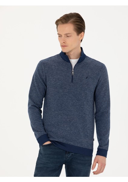 Erkek Lacivert Slim Fit Pamuk Karışımlı Yarım Fermuarlı Sweatshirt 50275568-VR033