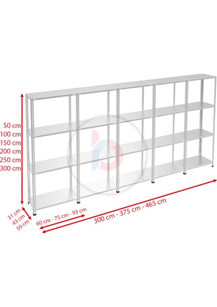 4 Katlı 5'li Galvaniz Çelik Raf - Depo, Arşiv, Kiler, Dosya, Market Rafı - 31x93 cm-100 cm-1.50 mm