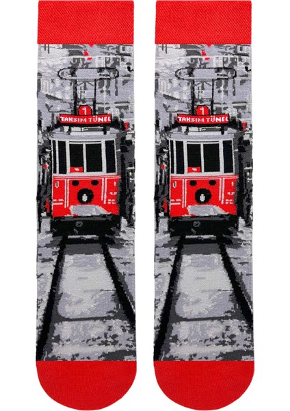 Istanbul Nostaljik Taksim Tramvay Desenli Unisex Soket Çorap