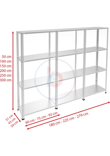 4 Katlı 3'lü Galvaniz Çelik Raf - Depo, Arşiv, Kiler, Dosya, Market Rafı - 43x75 cm-100 cm-1.00 mm