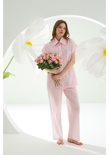 Kadın Önden Düğmeli Pijama Takımı, %100 Pamuk