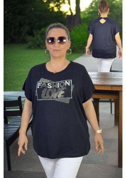 Sırtta Pencere Dedaylı Bisiklet Yaka Taş Işlemeli Rahat Kesim Yaka Büyük Beden Bluz