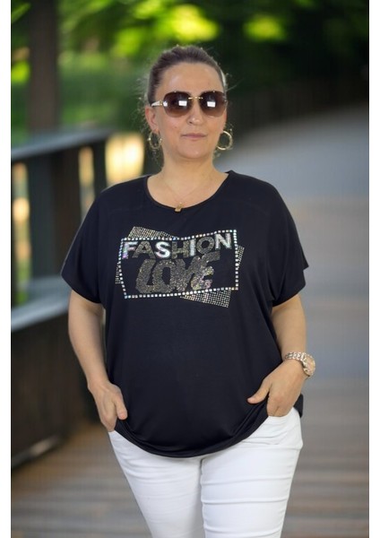 Sırtta Pencere Dedaylı Bisiklet Yaka Taş Işlemeli Rahat Kesim Yaka Büyük Beden Bluz modelleri