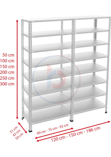 8 Katlı Duble Galvaniz Çelik Raf - Depo, Arşiv, Kiler, Dosya, Market Rafı - 31x75 cm-200 cm-0.70 mm