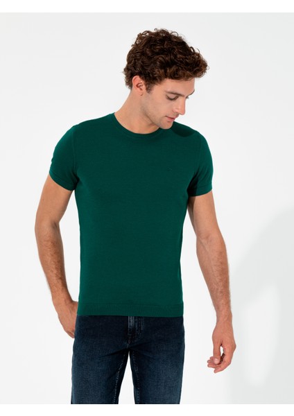 Erkek Koyu Yeşil Slim Fit Bisiklet Yaka Triko T-Shirt 50249549-VR079