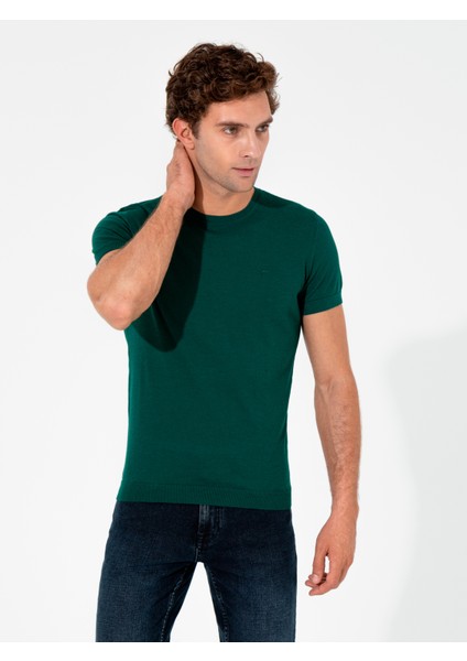 Erkek Koyu Yeşil Slim Fit Bisiklet Yaka Triko T-Shirt 50249549-VR079