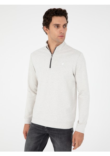Erkek Ekru Regular Fit Pamuk Karışımlı Yarım Fermuarlı Sweatshirt 50294015-VR019