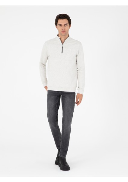 Erkek Ekru Regular Fit Pamuk Karışımlı Yarım Fermuarlı Sweatshirt 50294015-VR019