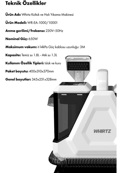 WR-EA-1000 Halı Yıkama Makinesi Islak Kuru Temizlik | Halı ve Koltuk Temizleyici | 650W