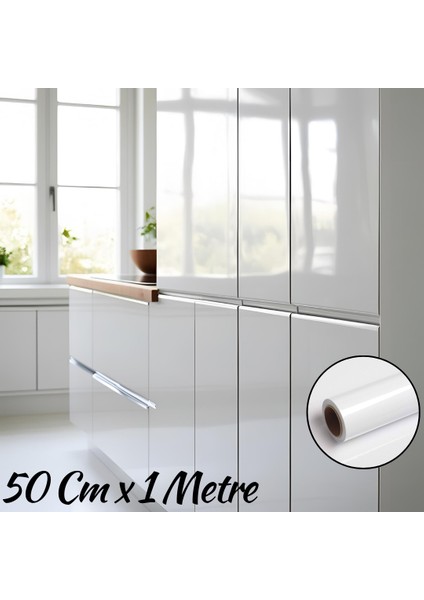 50CM x 100CM Parlak Beyaz Mobilya ve Dolap Kaplama Folyosu(Lake , Arkası Gri)