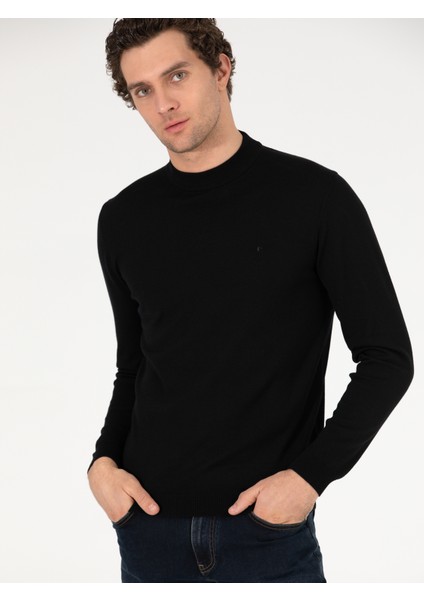 Erkek Siyah Regular Fit Çeyrek Balıkçı Yaka Basic Triko Kazak 50257271-VR046