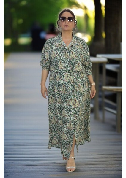 Önden Boydan Düğmeli Cepli Kuşaklı Ekstra Büyük Beden Pamuklu Viskon Elbise