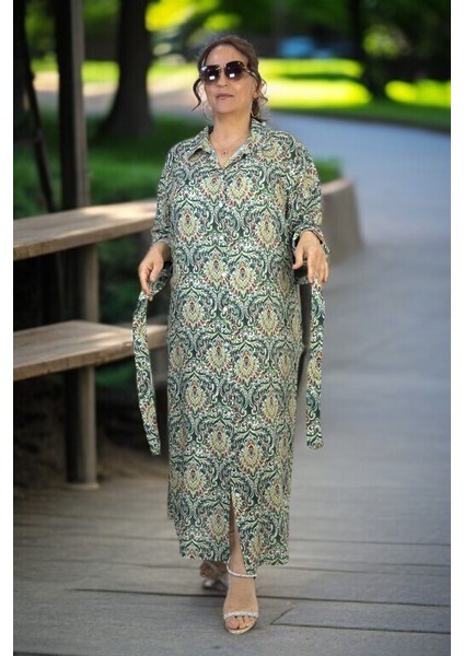 Önden Boydan Düğmeli Cepli Kuşaklı Ekstra Büyük Beden Pamuklu Viskon Elbise fiyatları