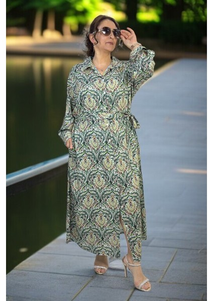 Önden Boydan Düğmeli Cepli Kuşaklı Ekstra Büyük Beden Pamuklu Viskon Elbise modelleri