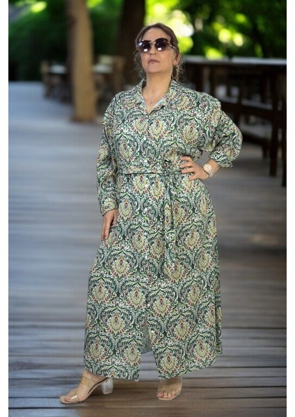 Önden Boydan Düğmeli Cepli Kuşaklı Ekstra Büyük Beden Pamuklu Viskon Elbise indirimleri