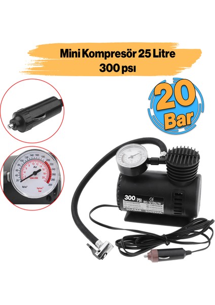 Mini Hava Kompresörü 12V Araç Tipi Çakmaklık Araba Bisiklet Teker Lastik Şambrel Top Şişirme 300 Psı