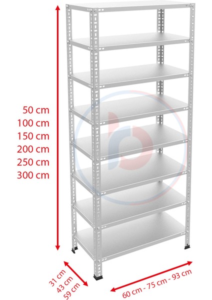 8 Katlı Galvaniz Çelik Raf - Depo, Arşiv, Kiler, Dosya, Market Rafı - 31x75 cm-200 cm-1.00 mm