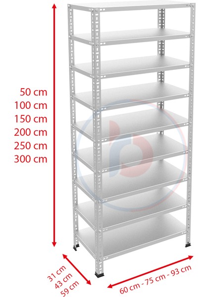 9 Katlı Galvaniz Çelik Raf - Depo, Arşiv, Kiler, Dosya, Market Rafı - 31x75 cm-150 cm-1.00 mm