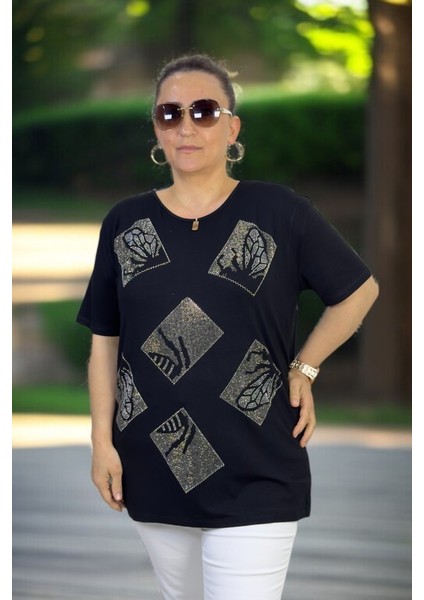 Pul Payet Taş Işlemeli Likralı Büyük Beden Bisiklet Yaka Bluz