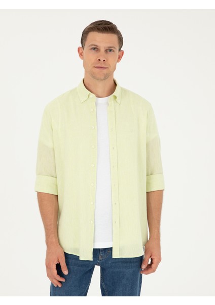 Erkek Yeşil Slim Fit Keten Karışımlı Gömlek 50266184-VR087