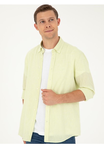 Erkek Yeşil Slim Fit Keten Karışımlı Gömlek 50266184-VR087 fırsatları