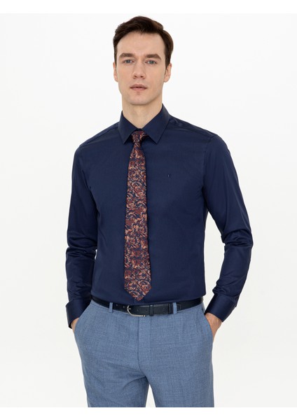 Erkek Lacivert Slim Fit Uzun Kollu Basic Gömlek 50250885-VR033