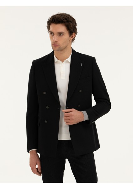 Erkek Siyah Slim Fit Yün Karışımlı Ceket 50278131-VR046