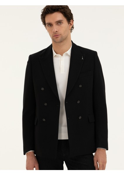 Erkek Siyah Slim Fit Yün Karışımlı Ceket 50278131-VR046