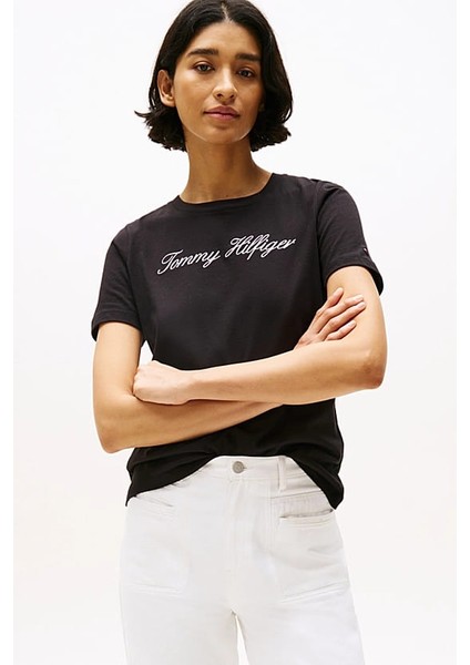 Kadın Th Script Logo Regular T-Shirt - Siyah